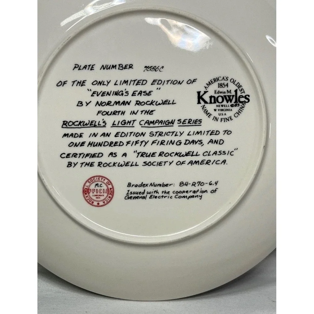 Norman Rockwell Evenings Ease Collector Plate Knowles Light Campaign 7536C 8.5in